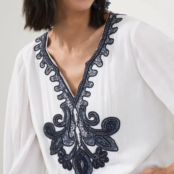 Chicos White Gauze 3/4 Sleeve V-Neck Lined Navy Beaded Embellished Tunic 16/18 - Picture 6 of 14